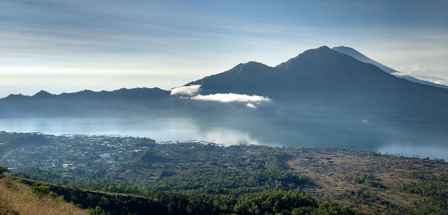 batur lake from volcano in the morning hike