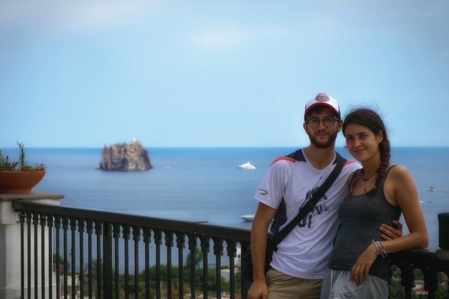 Dani and I in the viewpoint of the Parrocchia S. Vincenzo Ferreri with Strombolicchio background Stromboli Sicily Italy