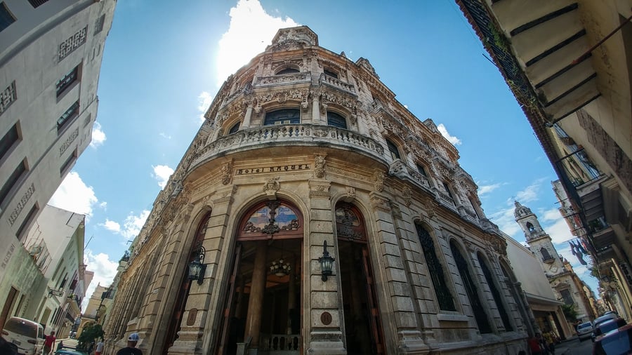 Facade of Hotel Raquel in Art Nouveau Havana Cuba. Guide to top things to do in Havana
