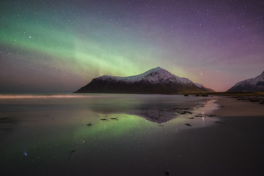 Skagsanden beach Lofoten Islands Northern Lights