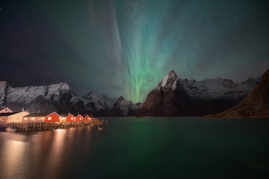 Northern Lights at Reine fjord Lofoten Islands Norway