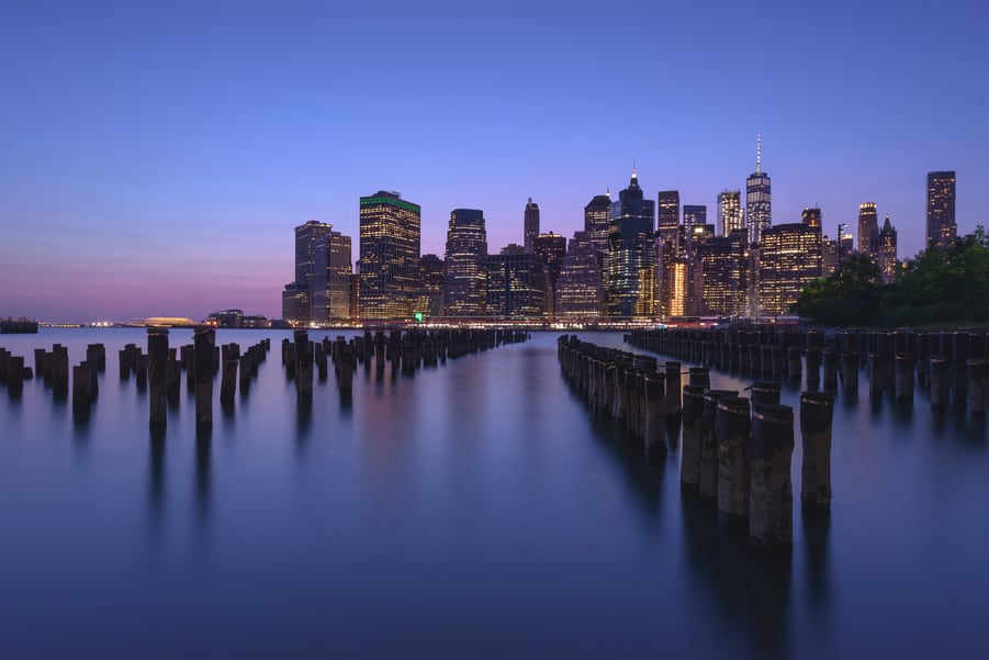 New York view from brooklyn skyline pier night photography