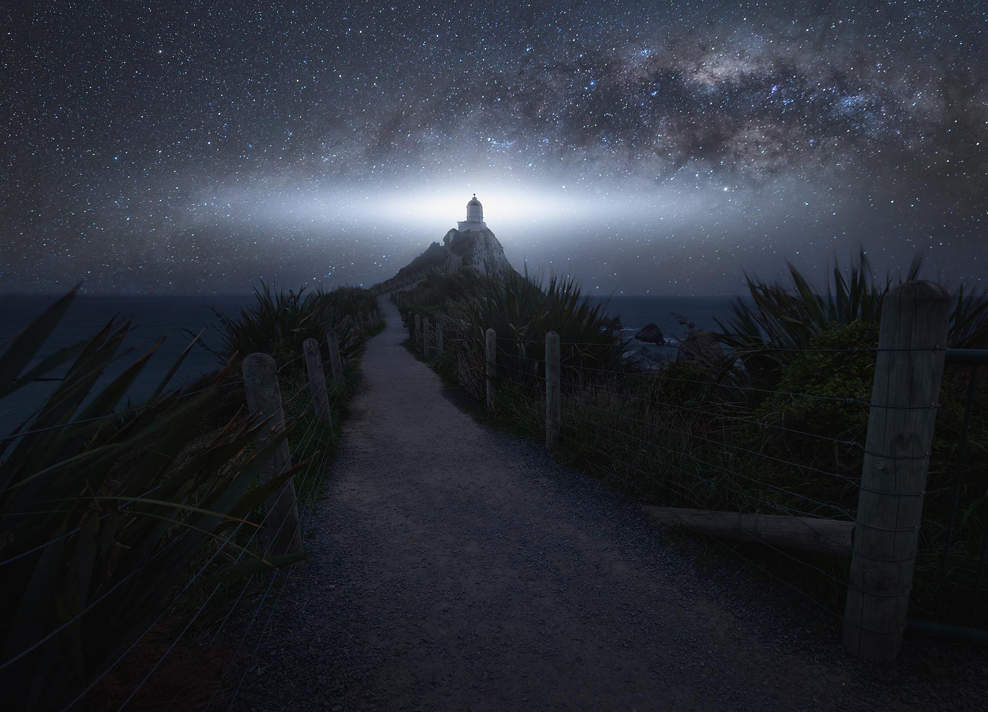 Nugget Point lighthouse Miljy Way Starry night New Zealand
