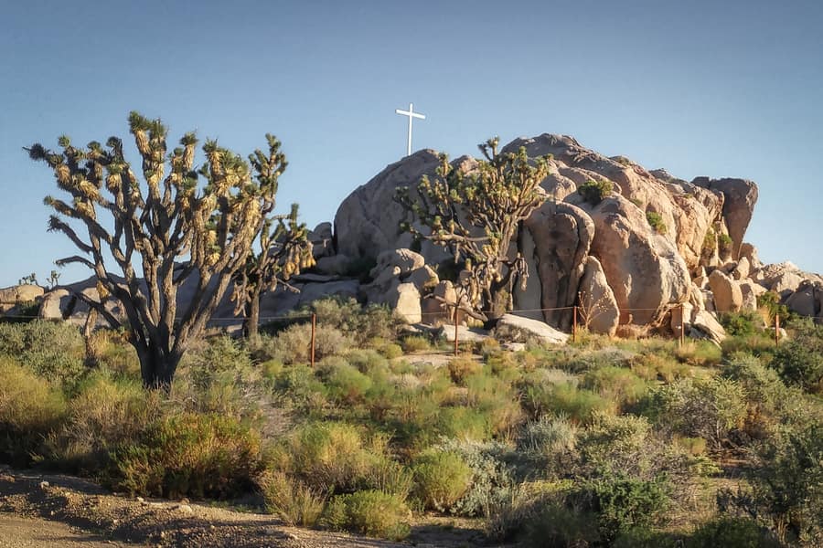 Mojave Cross sunrise rock camping