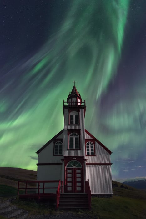 Iceland white church, how to see the aurora borealis in Iceland