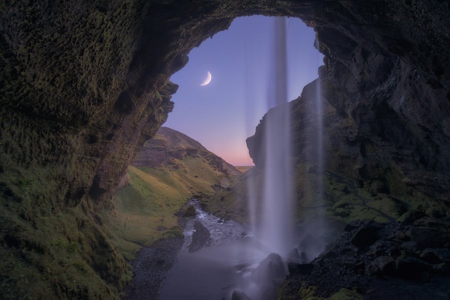 Kvernufoss, waterfall in cave in Iceland