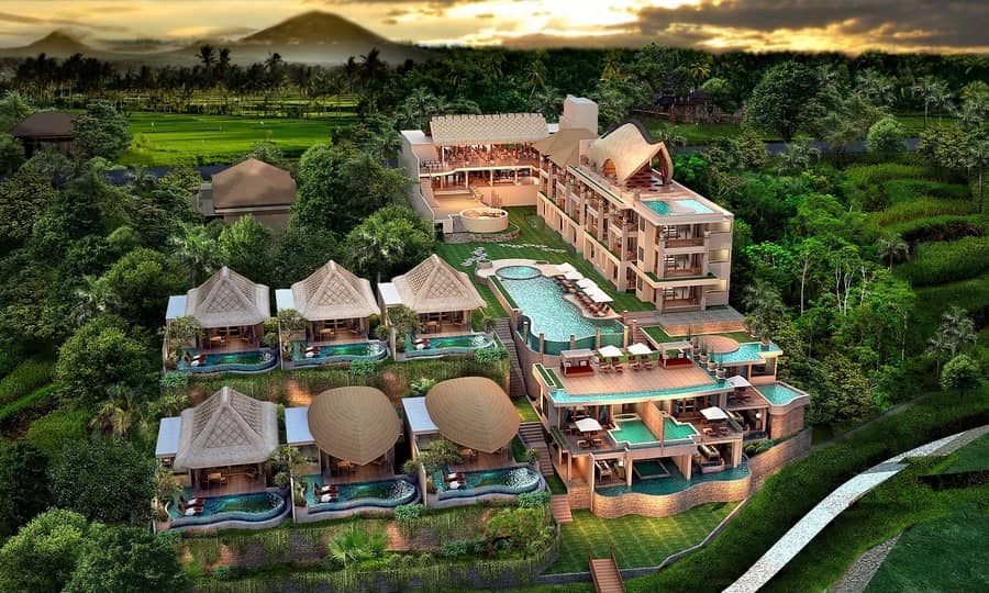 hotel de lujo en Bali visto desde el aire, en ubud una de las mejores zonas para alojarse en bali