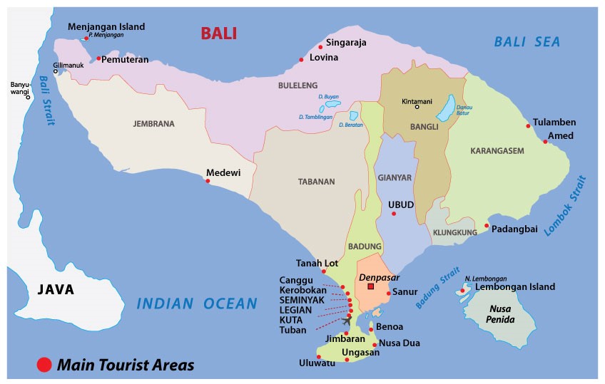 Mapa de regiones de Bali por provincias