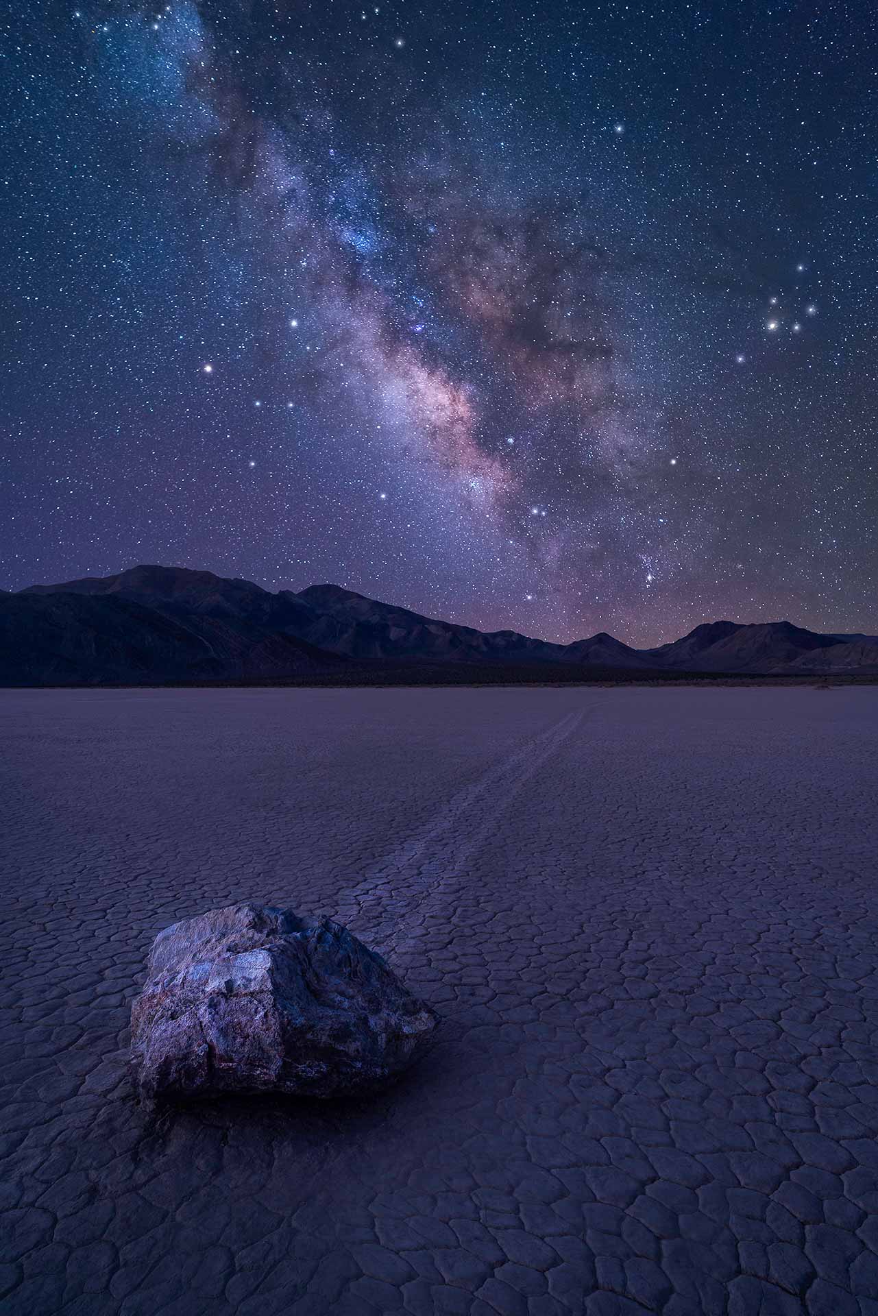 Miky Way Death Valley playa Moving rocks sliding rocks