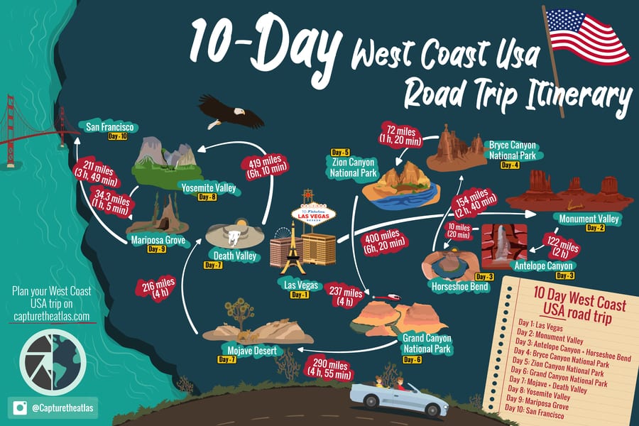 10-day west coast usa road trip itinerary infography map capture the atlas