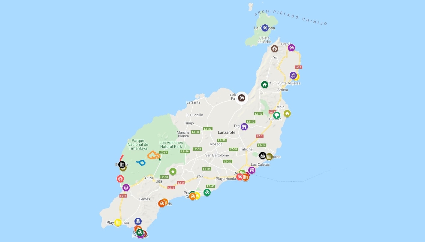 Map of the main attractions of Lanzarote