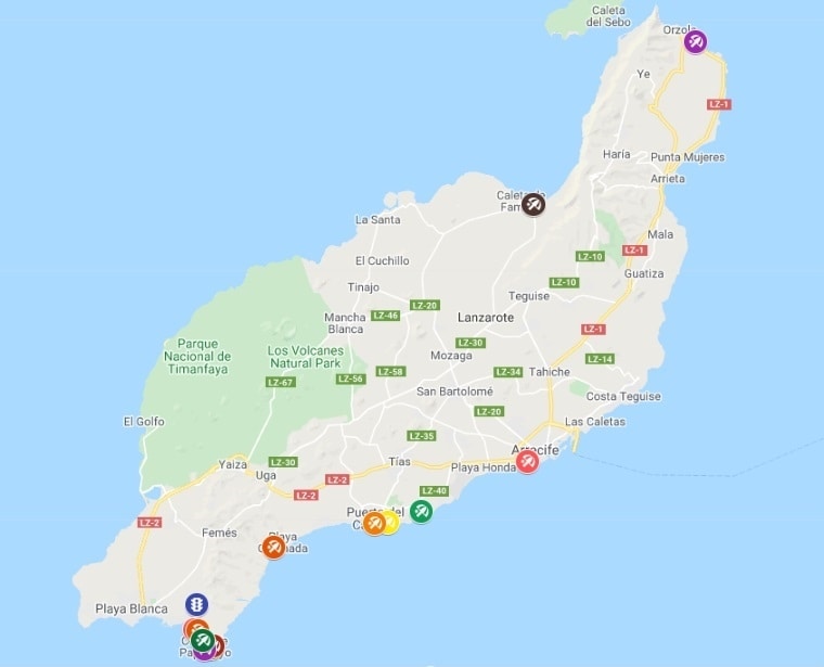 Map of the best beaches in Lanzarote
