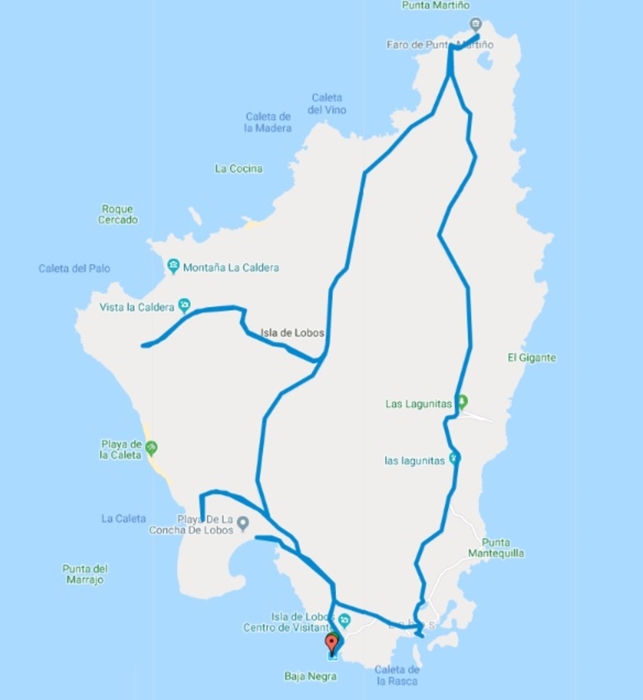 Hiking trail map of Isla de Lobos