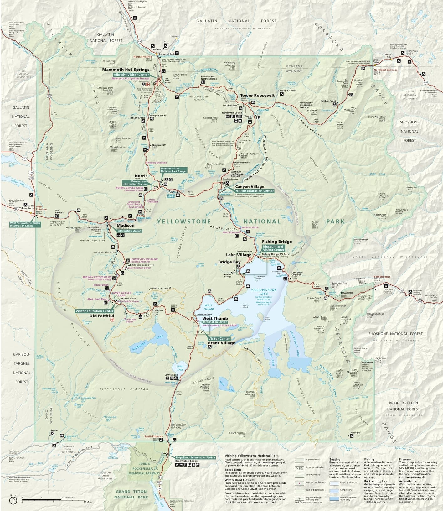 Mapa detallado de Yellowstone, Wyoming, EE.UU.