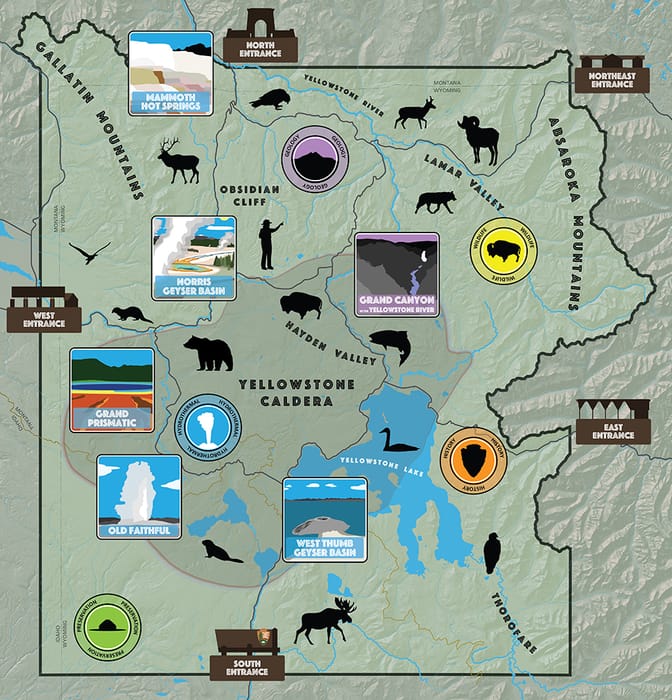 Mapa de las principales atracciones turísticas de Yellowstone