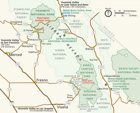 mapa de yosemite national park para saber como llegar