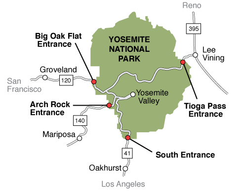 como llegar a yosemite national park desde San Francisco, Los Angeles o Las Vegas mapa