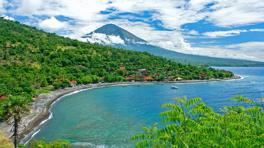 amed beach with mount agung at the background