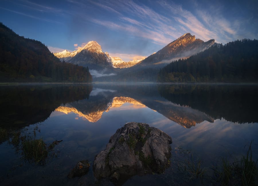 Mountains reflected on a quiet lake