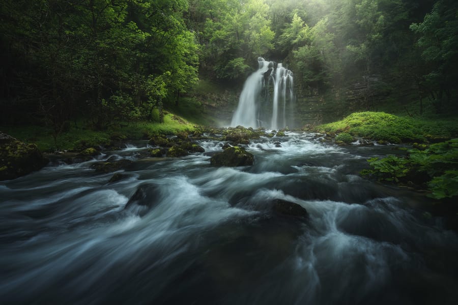Waterfall in a dense green forest