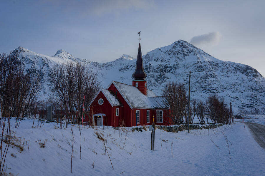 Flakstad church in a snowy winter day