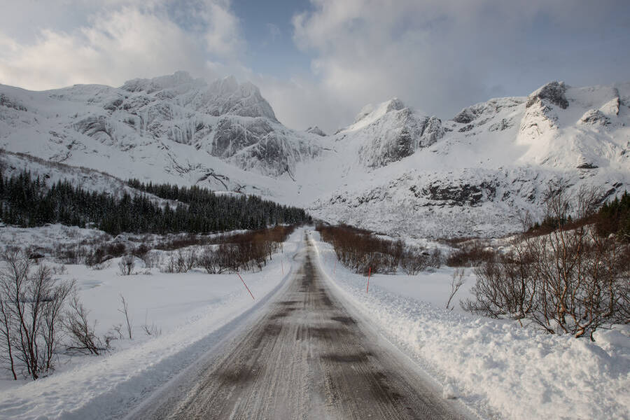 Road leading into the mountains in Lofoten islands