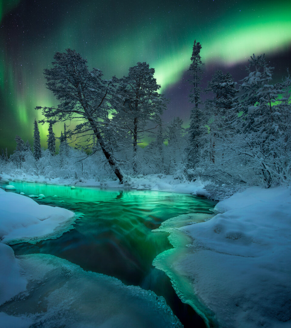 Bright green Aurora covers the night sky over a forest and a river with snow in the winter