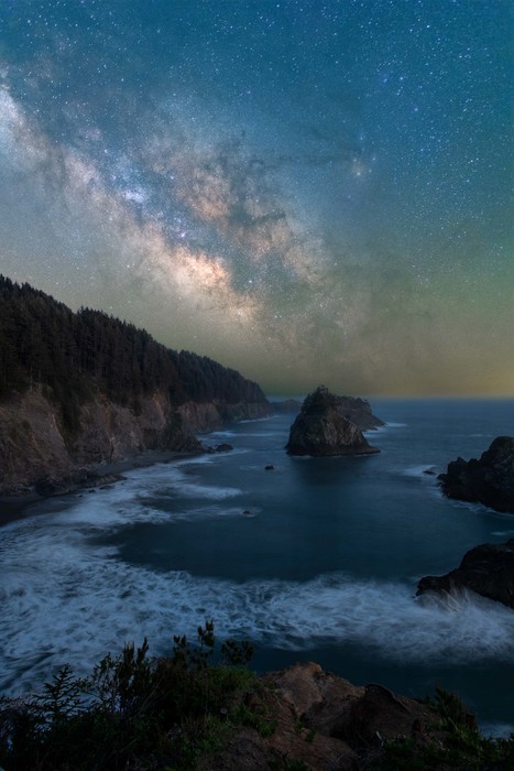Milky Way over sea stacks in the Pacific Ocean in the Oregon Coast