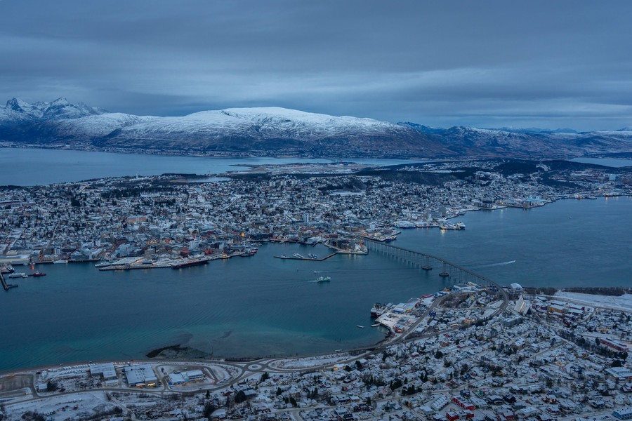 Aerial view of Tromsø at blue hour