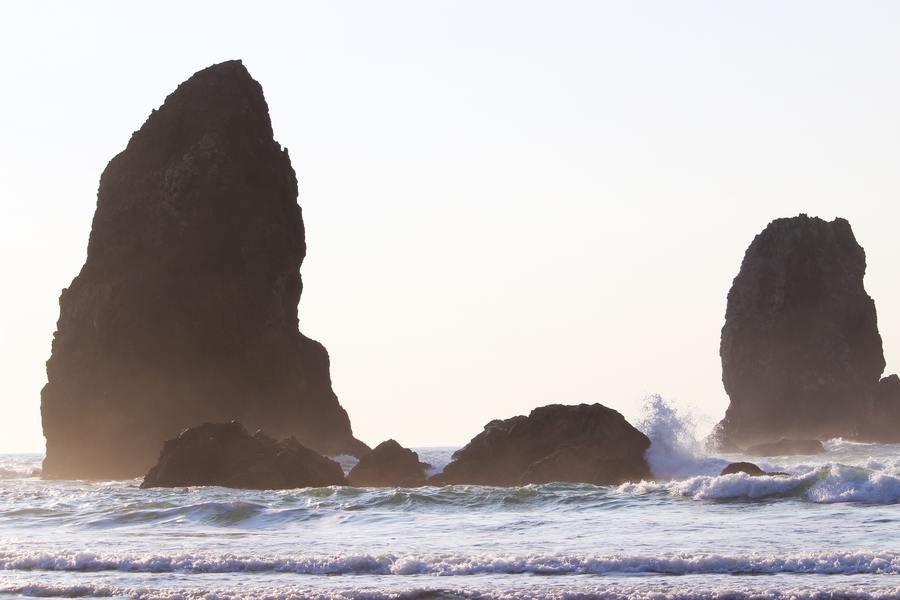 Tall sea stacks on the coast of Oregon during dramatic conditions