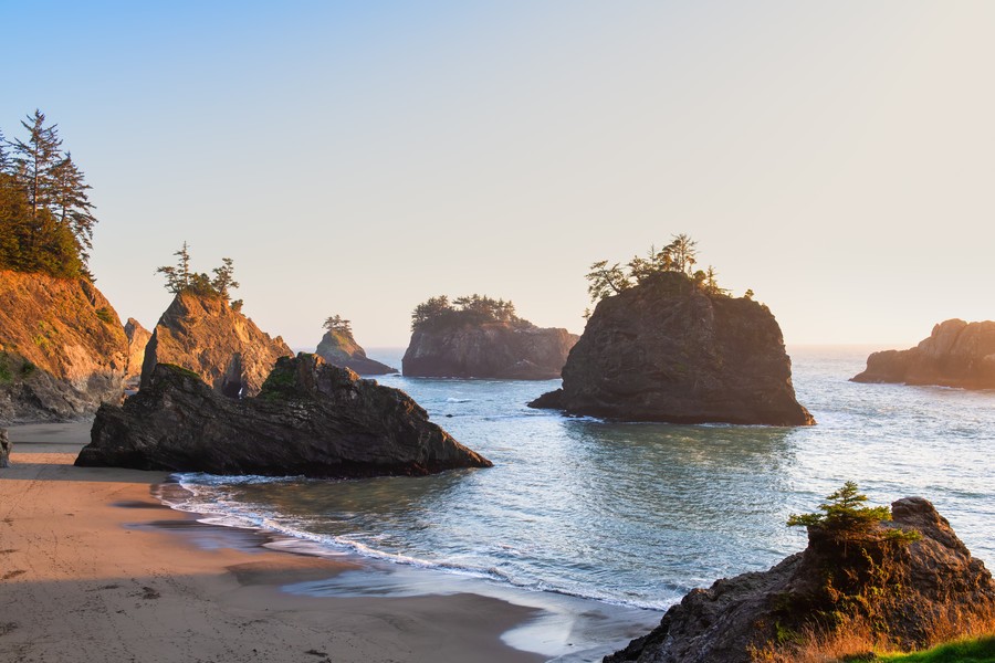 Soft light shining over forested sea stacks in the Oregon Coast