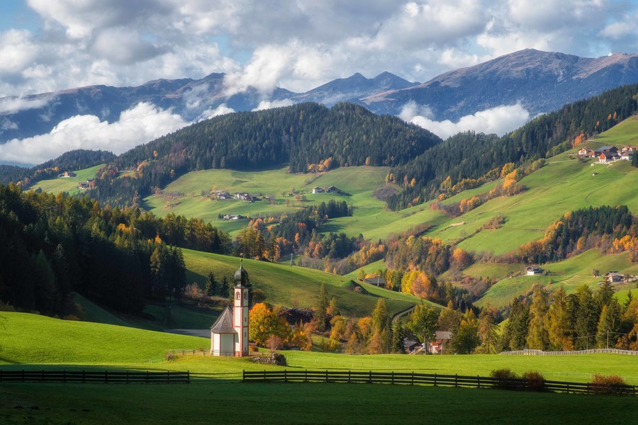 Different perspective of St. John's church in Val di Funes