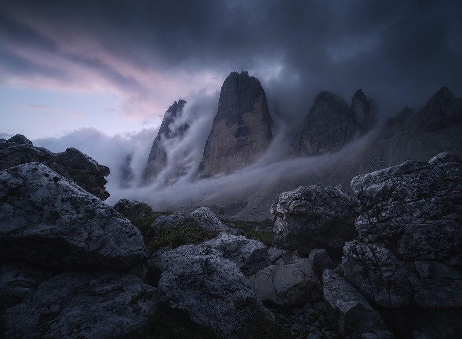 Low clouds in the Tre Cime di Lavaredo covering the peaks almost entirely