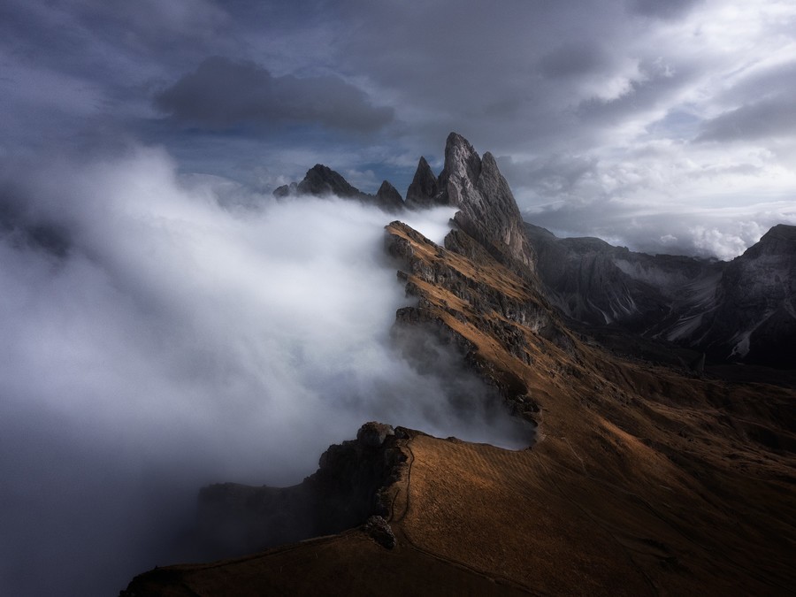 Aerial view of Seceda mountain peaks in the Italian Dolomites