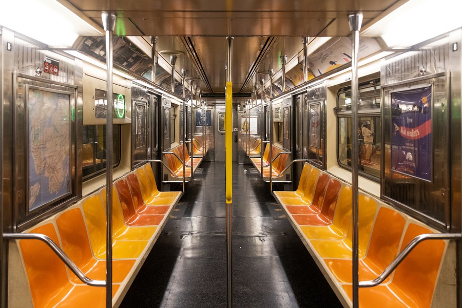 Interior of subway train, nyc subway map