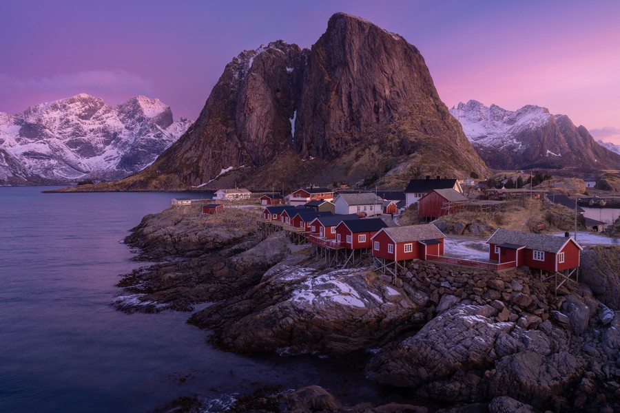 Hamnoy village in Lofoten, Norway during a colorful sunrise