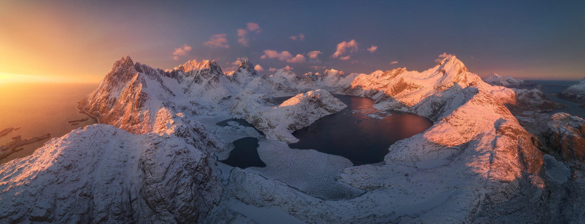 Aerial view panorama of Sund in the winter during a sunset