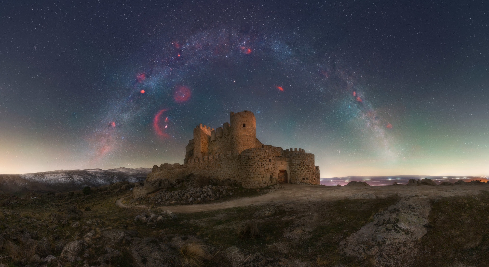 Winter Milky Way arc over castle in Spain