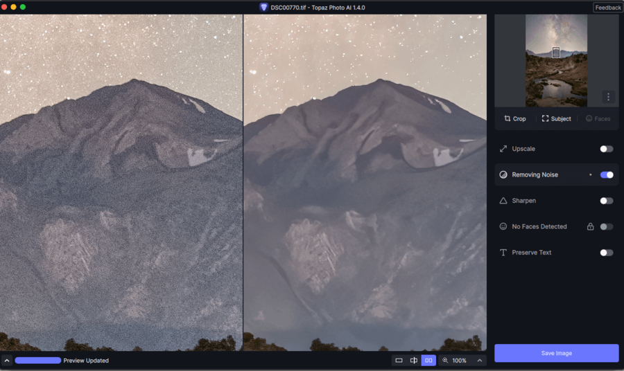 topaz photo ai interface for noise reduction