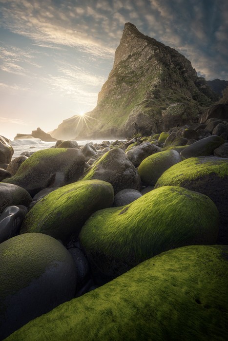 Sun setting behind a tall and pointy sea stack with mossy rocks in the foreground