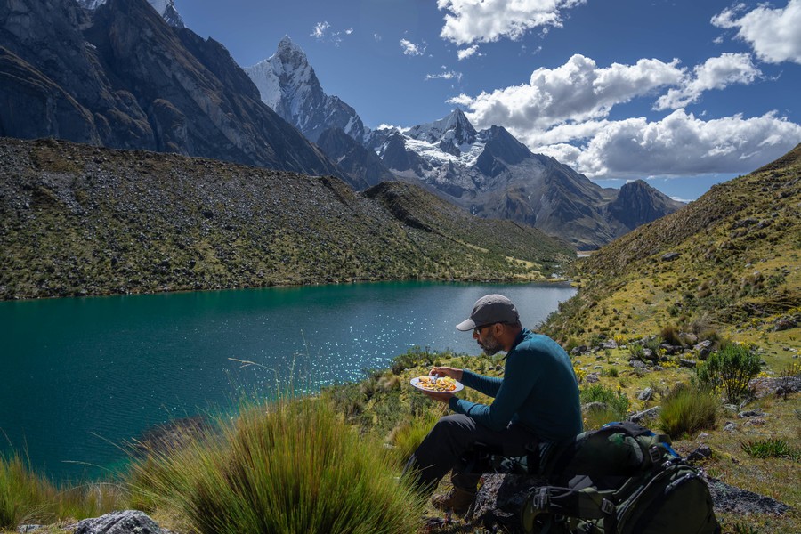 Eating during a long hike in Peru