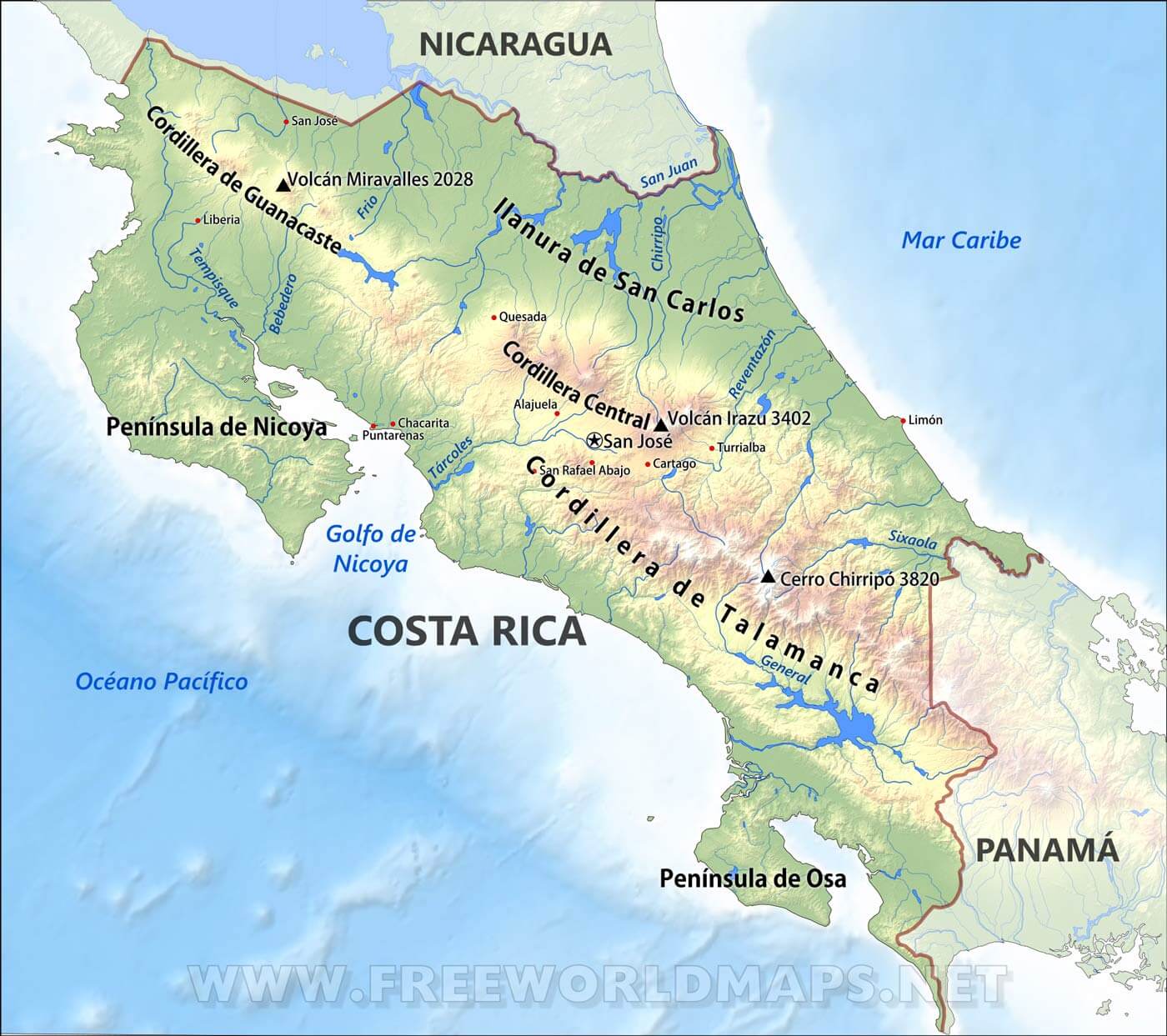 Mapa físico/geográfico de todo el relieve de Costa Rica