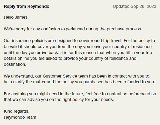 Trustpilot review response, heymondo travel insurance