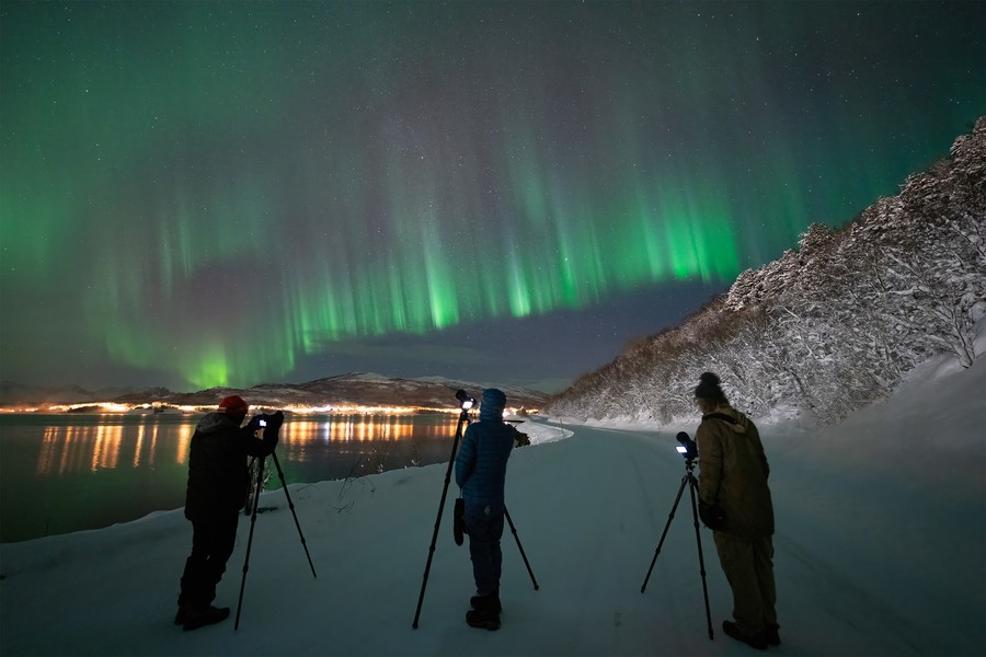 Three photographers photograph the Northern Lights under a dark night on a beach in Norway
