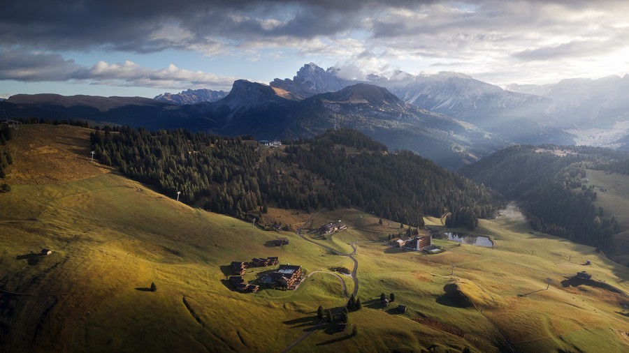 Aerial view from Alpe di Siusi looking in direction of Seceda