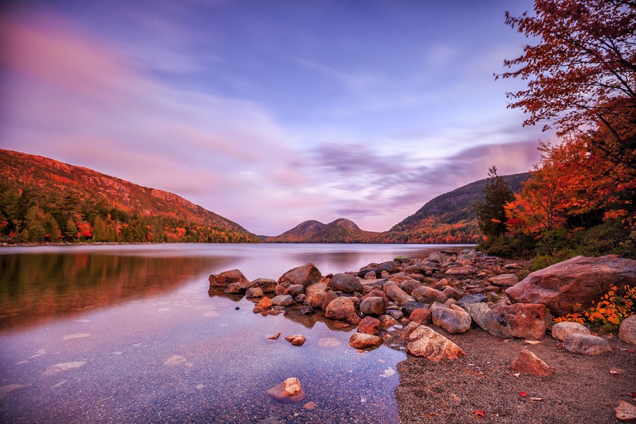 Jordan Pond in Acadia National Park during a sunset in the fall