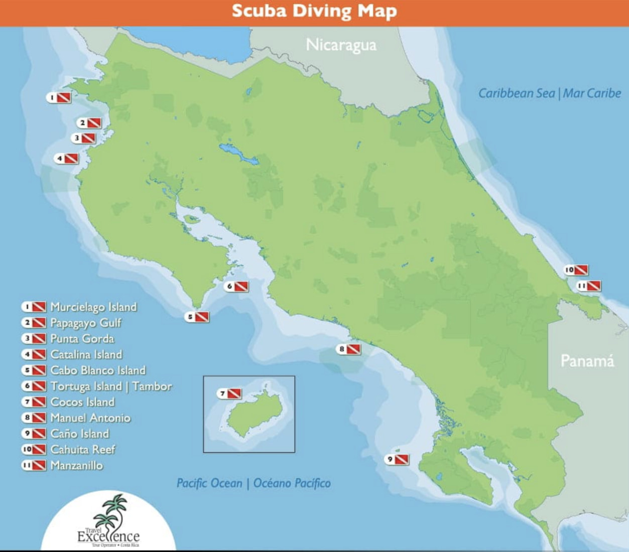 Mapa de los mejores puntos de buceo en Costa Rica
