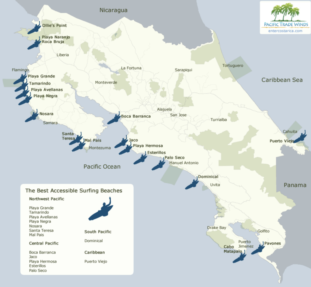 Mapa de los mejores spots de surf en Costa Rica