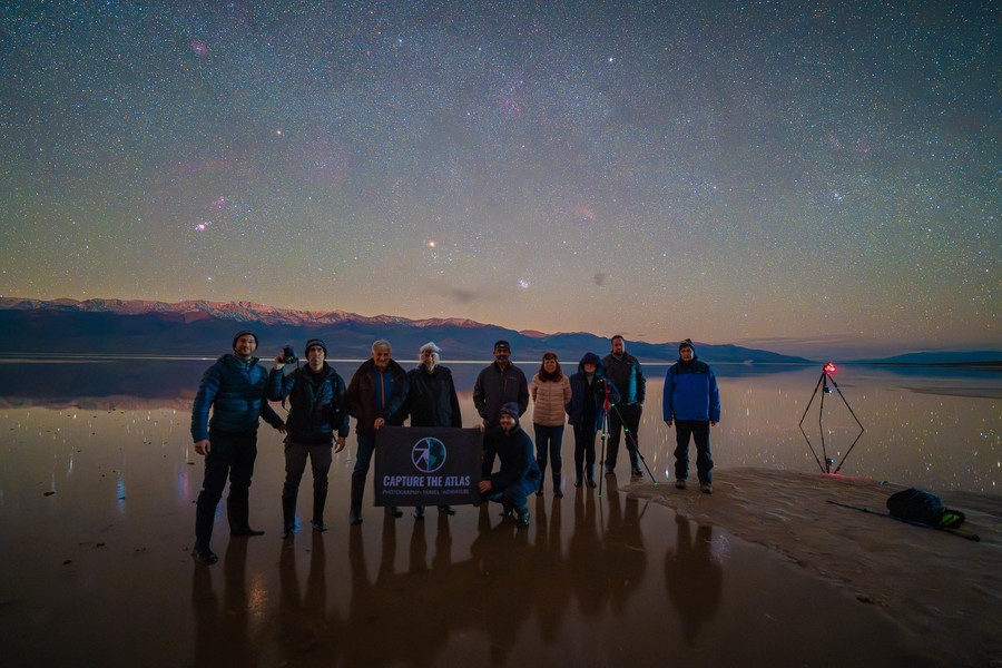 Death Valley photography tour participants in the middle of the night with a starry sky