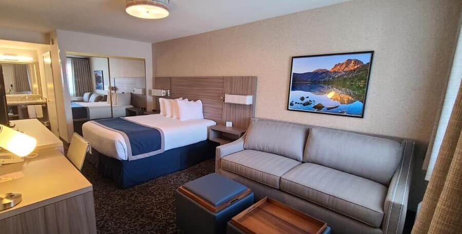 Bed with blue blanket and white sheets, grey sofa, picture on the wall, desk